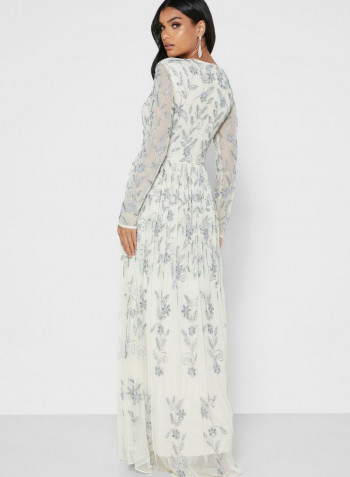 Pleat Detail Embellished Dress White/Silver