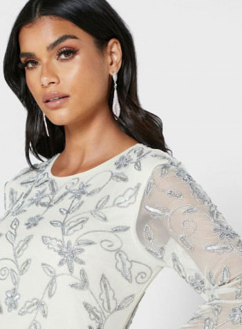 Pleat Detail Embellished Dress White/Silver