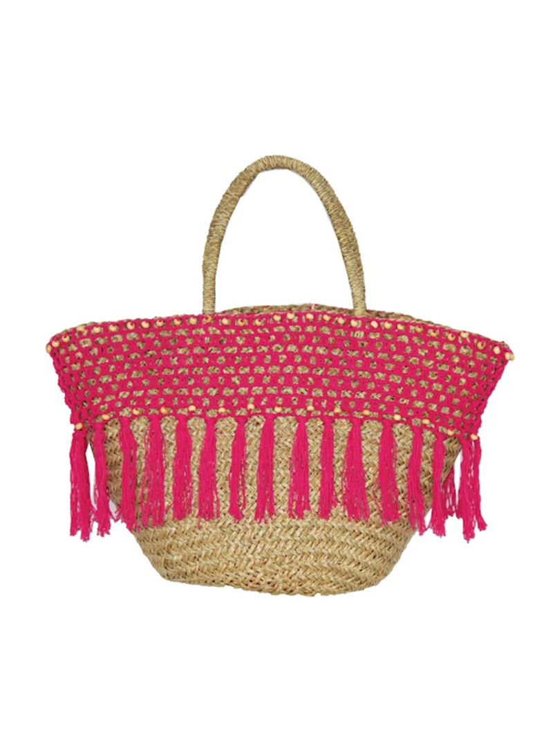Crochet Straw Basket Tote Bag Brown/Pink