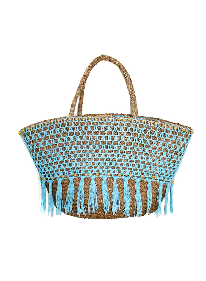 Crochet Straw Basket Tote Bag Brown/Blue