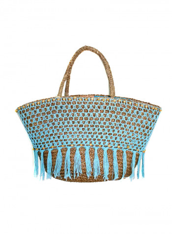 Crochet Straw Basket Tote Bag Brown/Blue