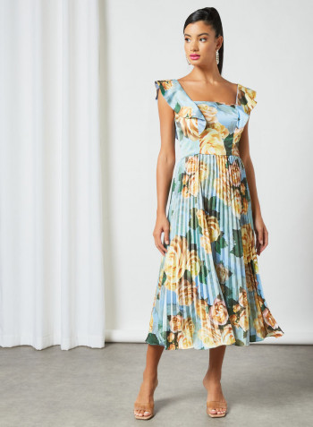Ruffled Overlay Floral Dress Blue