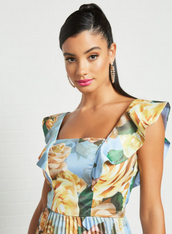 Ruffled Overlay Floral Dress Blue