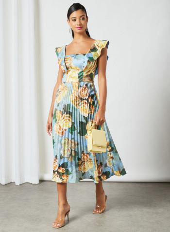 Ruffled Overlay Floral Dress Blue
