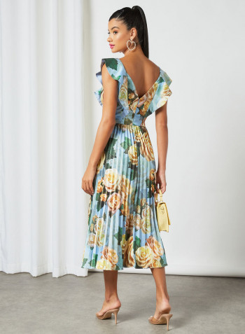Ruffled Overlay Floral Dress Blue