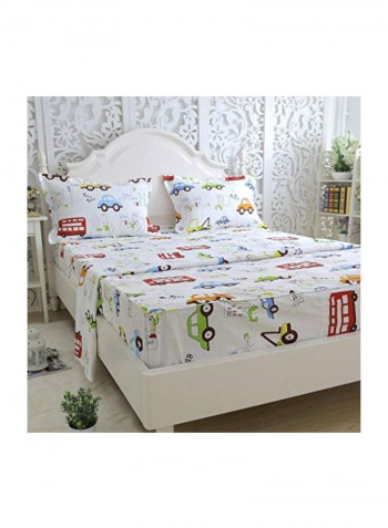 4-Piece Cotton Bed Sheet Set Cotton White/Blue/Orange Queen