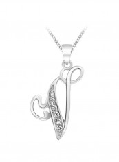 925 Sterling Silver Letter V Cubic Zirconia Studded Pendant Necklace