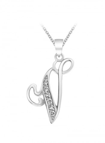 925 Sterling Silver Letter V Cubic Zirconia Studded Pendant Necklace