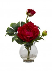 Artificial Silk Peony With Fluted Vase Red/Clear/Green