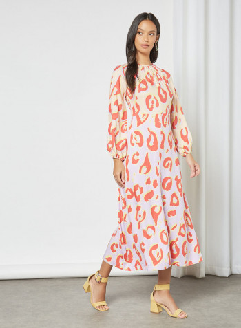 Gathered Neck Printed Dress Multicolour