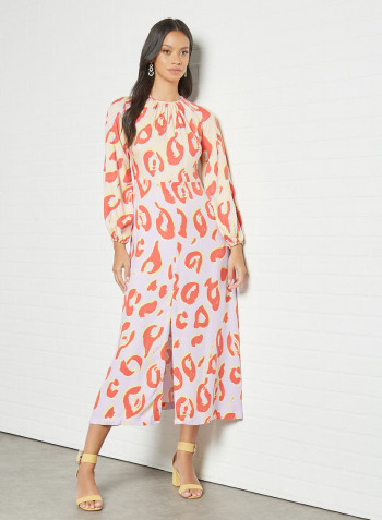 Gathered Neck Printed Dress Multicolour