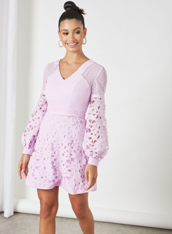 Lace Detail Balloon Sleeve Dress Lilac