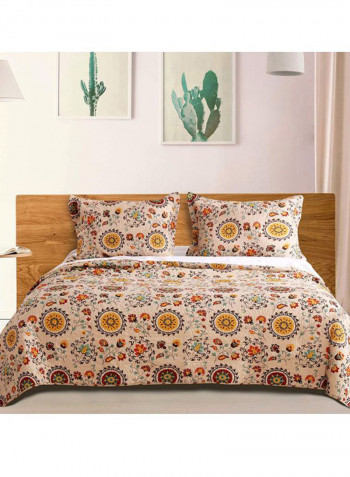 3-Piece Printed Quilt Set Cotton Beige/Brown/Yellow Queen