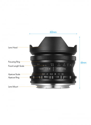 7.5mm Manual Focus Fisheye Lens 0.75cm Black