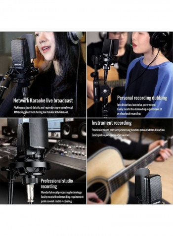 Recording Microphone Condenser Mic Uni-directional 34mm Large Diaphragm with Metal Windscreen Shock Mount Aluminum Alloy Carry Case