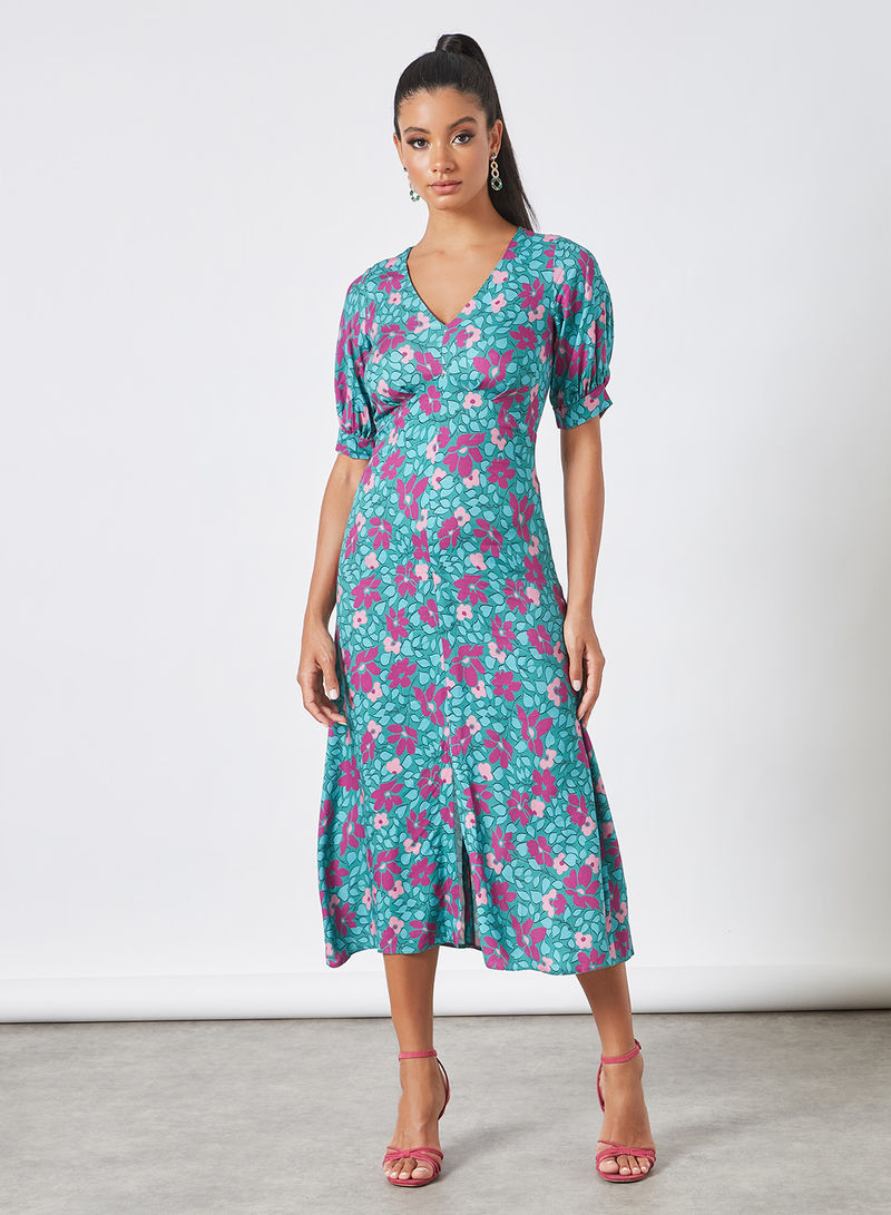 Puff Sleeve Floral Print Dress Turquoise