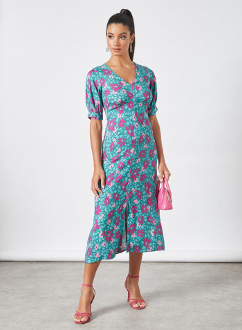 Puff Sleeve Floral Print Dress Turquoise