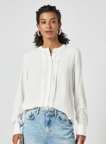 Mandarin Collar Pleated Top White