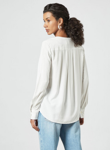 Mandarin Collar Pleated Top White