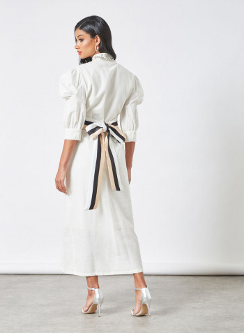 Contrast Belt Embellished Dress Off White