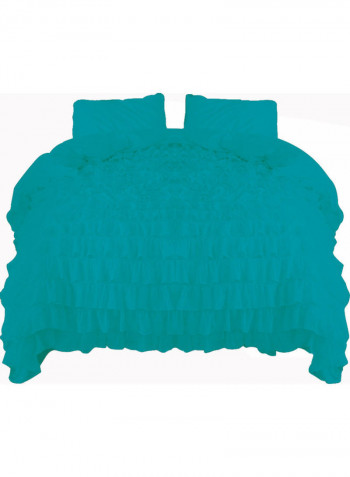 3 Piece Ruffled Duvet Set Solid Cotton Turquoise Blue 78x78inch