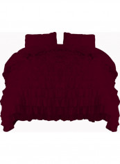 3 Piece Ruffled Duvet Set Solid Cotton Wine Red 53x78inch