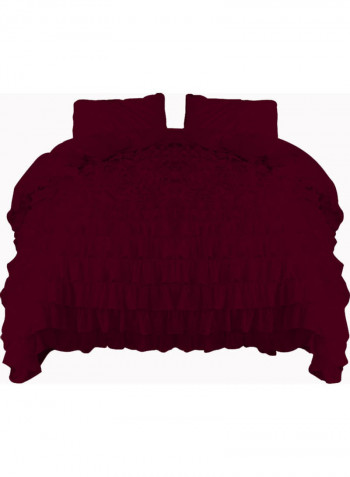 3 Piece Ruffled Duvet Set Solid Cotton Wine Red 53x78inch