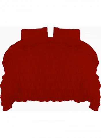3 Piece Ruffled Duvet Set Cotton Blood Red 114x96inch
