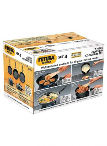 7-Piece Futura Non-Stick Cookware Set Black/Clear Deep Fry Pan 26x0.325, Saucepan 20x0.325, Small Frying Pan 22x0.325, Big Frying Pan 26x0.325, Curry Pan 24x0..325cm