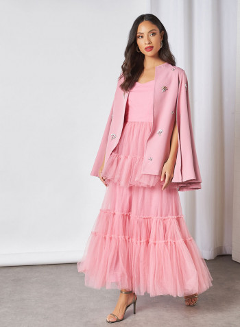Embellished Cape Mesh Midi Dress Pink