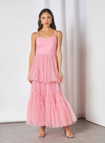 Embellished Cape Mesh Midi Dress Pink