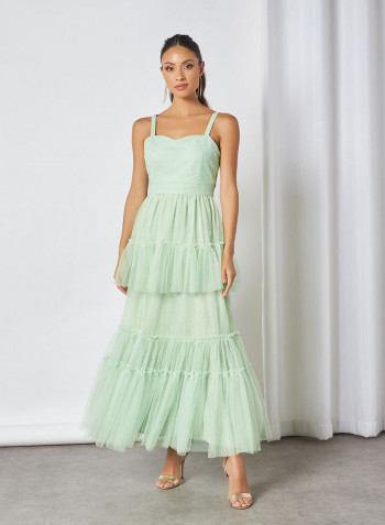 Embellished Cape Mesh Midi Dress Green