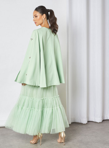 Embellished Cape Mesh Midi Dress Green