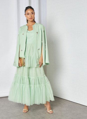 Embellished Cape Mesh Midi Dress Green