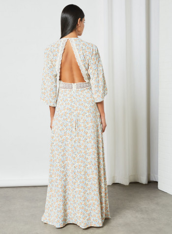 Open Back Floral Dress White