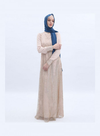 Long Sleeve Dress With Headscarf ذهبي فاتح