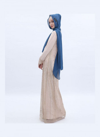 Long Sleeve Dress With Headscarf ذهبي فاتح
