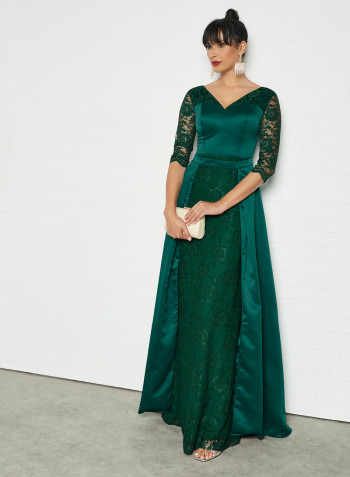 Satin Floral Lace Dress Green