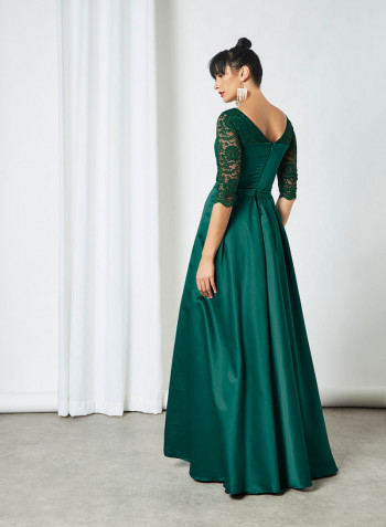 Satin Floral Lace Dress Green