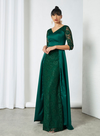 Satin Floral Lace Dress Green