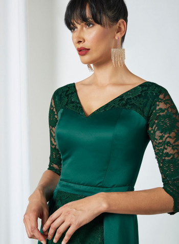 Satin Floral Lace Dress Green