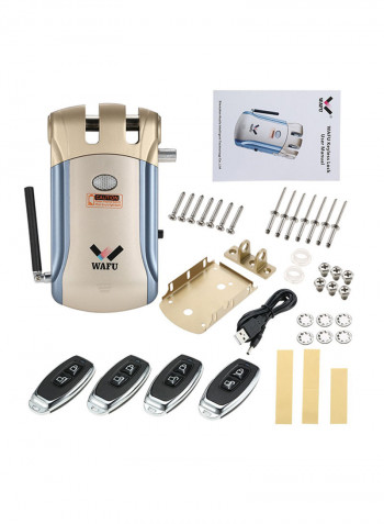 Keyless Electronic Door Lock With Remote Controller Gold/Blue 15.5x3.5x9.5centimeter