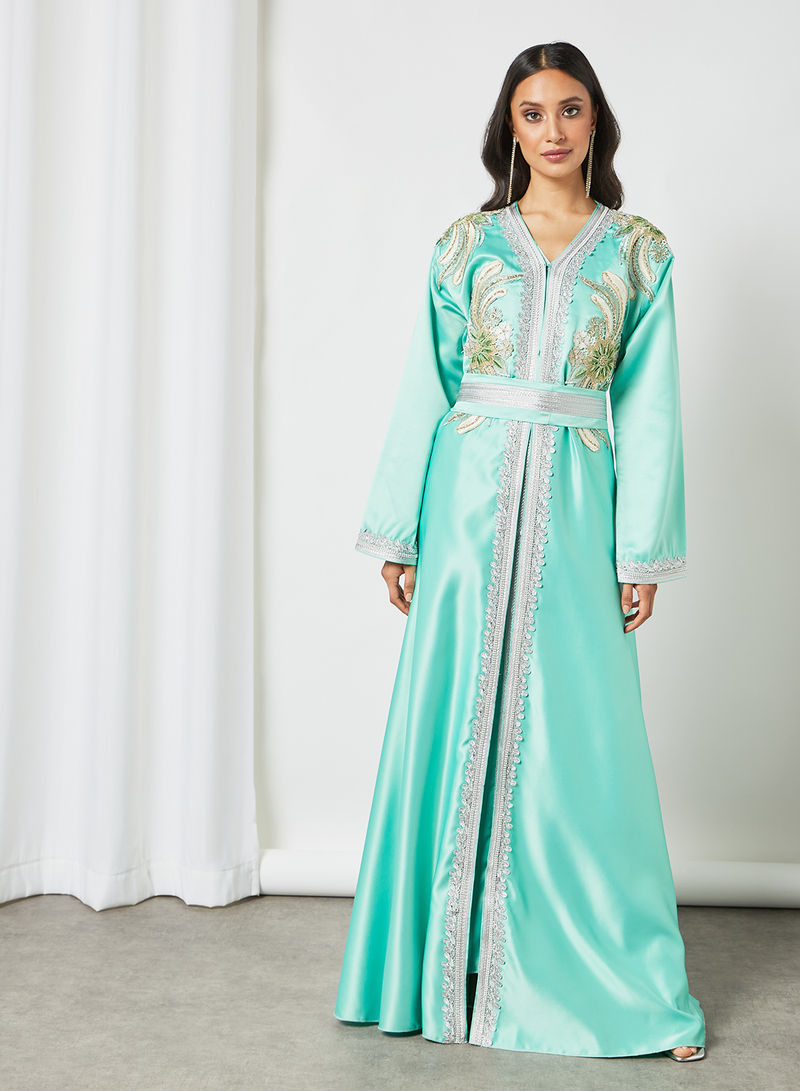 Floral Beaded Embroidery Kaftan Turquoise