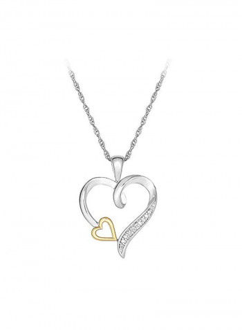 10 Karat Gold And 925 Sterling Silver 0.03 Ct Diamond Double Heart Shaped Pendant Necklace
