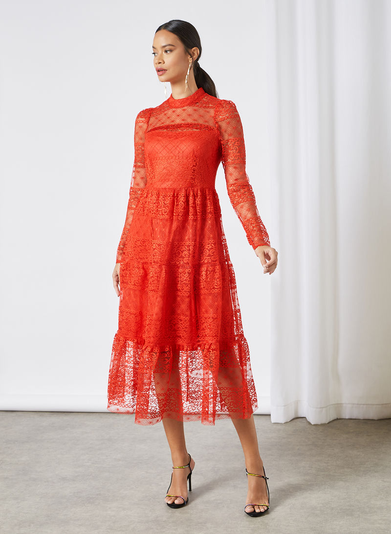 High Neck Lace Dress Red