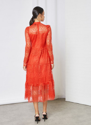 High Neck Lace Dress Red