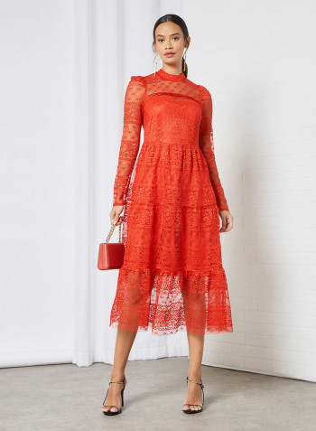 High Neck Lace Dress Red