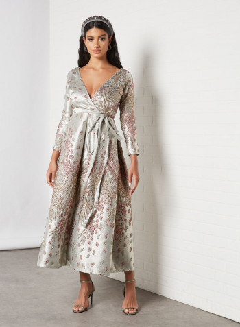 Floral Embellished Wrap Dress Grey/Blue