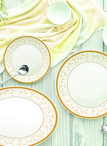 33-Piece Opalware Dinner Set White/Gold 6x Dinner Plate 270mm, 6x Quarter Plate 190mm, 6x Veg Bowl 190ml, 6x Soup Bowl 290ml, 2x Serving Bowl 790ml, Oval Platter (330x250mm), 6x Soup Spoon (131x40mm)