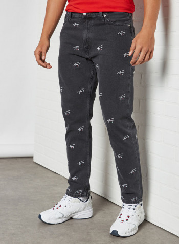 Signature Embroidery Straight Fit Jeans Black Rigid